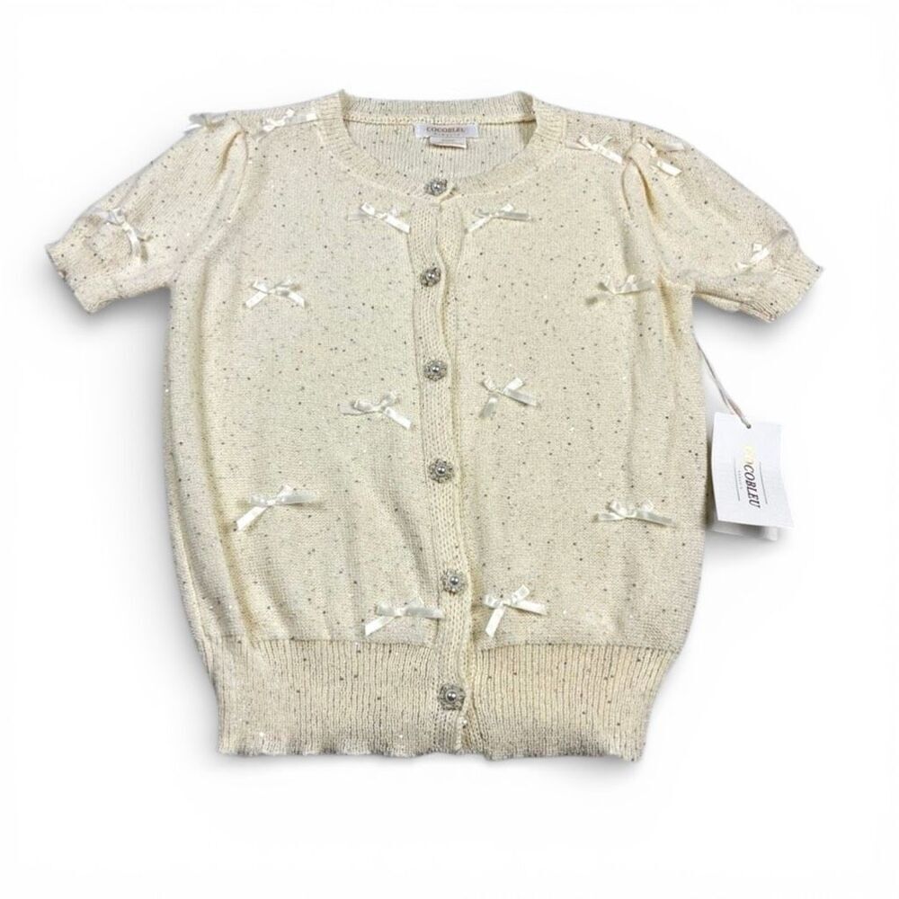 Cocobleu Button Cardigan Cream Ribbon Bow Shimmer Short Sleeve Sweater S NWT